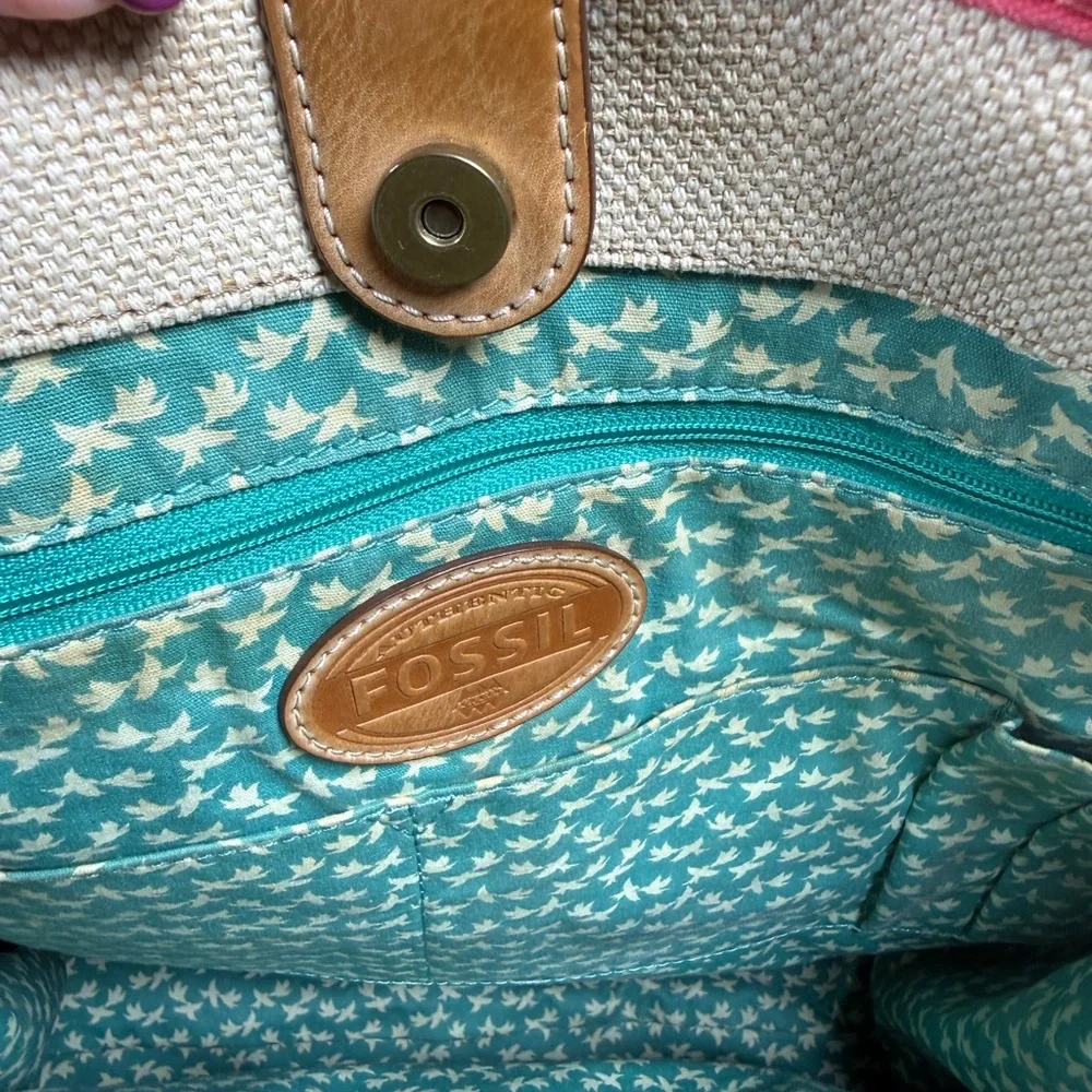 Fossil Y2K Canvas & Leather Teal Polka Dot Tote Bag
